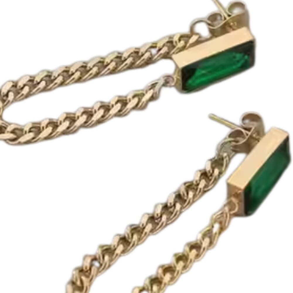 Emerald Green Stone Gold-Toned Chain Dangle Earrings - Picture 4 of 5